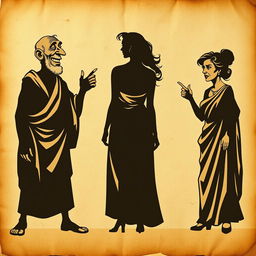 A vintage-style theater poster featuring three worn-out shadow silhouettes printed on a crumpled antique paper background
