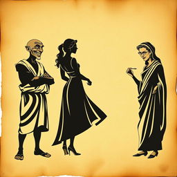 A vintage-style theater poster featuring three worn-out shadow silhouettes printed on a crumpled antique paper background