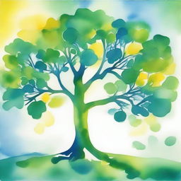 A vibrant watercolor painting showing a flourishing tree symbolizing hope, predominantly using shades of green, blue, and yellow