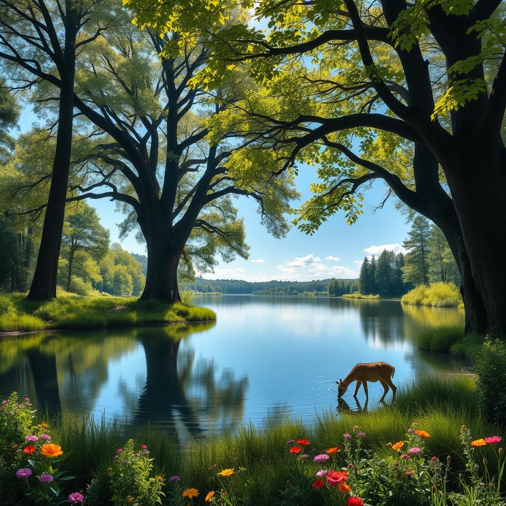 A tranquil forest scene featuring a serene lake reflecting the blue sky and surrounded by lush greenery