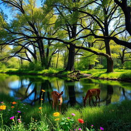 A tranquil forest scene featuring a serene lake reflecting the blue sky and surrounded by lush greenery
