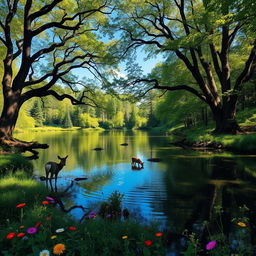 A tranquil forest scene featuring a serene lake reflecting the blue sky and surrounded by lush greenery