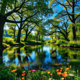 A tranquil forest scene featuring a serene lake reflecting the blue sky and surrounded by lush greenery
