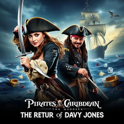 An adventurous movie poster for 'Pirates of the Caribbean 6: The Return of Davy Jones,' featuring a lively and dynamic scene