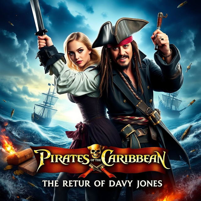 An adventurous movie poster for 'Pirates of the Caribbean 6: The Return of Davy Jones,' featuring a lively and dynamic scene