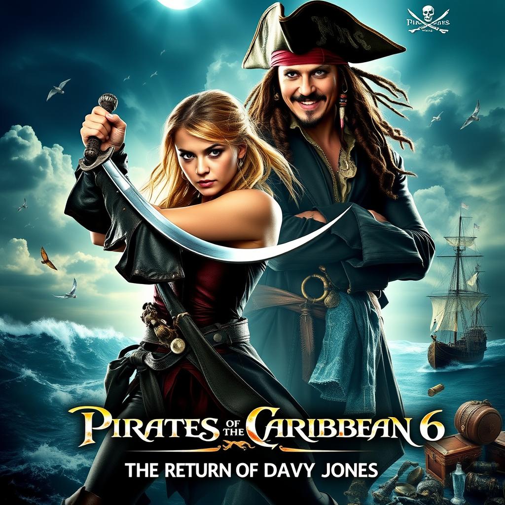 An adventurous movie poster for 'Pirates of the Caribbean 6: The Return of Davy Jones,' featuring a lively and dynamic scene