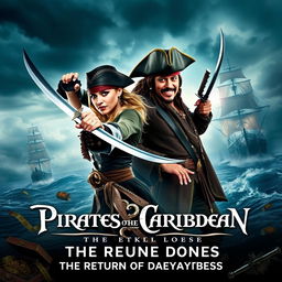An adventurous movie poster for 'Pirates of the Caribbean 6: The Return of Davy Jones,' featuring a lively and dynamic scene