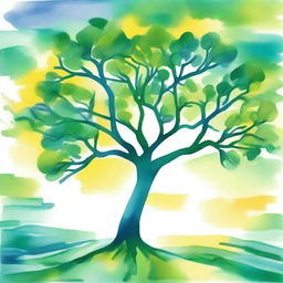 A vibrant watercolor painting showing a flourishing tree symbolizing hope, predominantly using shades of green, blue, and yellow