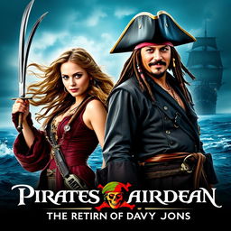 An exciting movie poster for 'Pirates of the Caribbean 6: The Return of Davy Jones,' featuring Margot Robbie as a fierce pirate captain with flowing hair, dressed in intricately detailed pirate attire, holding a sword confidently
