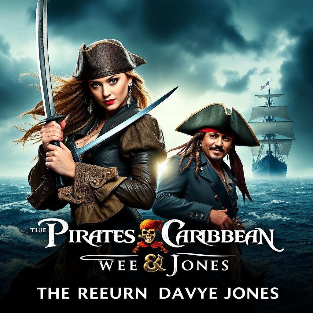 An exciting movie poster for 'Pirates of the Caribbean 6: The Return of Davy Jones,' featuring Margot Robbie as a fierce pirate captain with flowing hair, dressed in intricately detailed pirate attire, holding a sword confidently