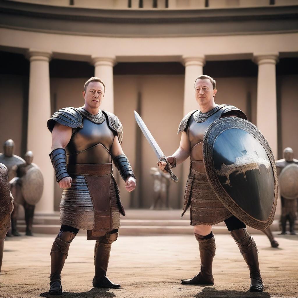 Elon Musk, Jeff Bezos, and Mark Zuckerberg, each dressed as Roman gladiators, powerfully facing each other in the center of a bustling arena, equipped with swords and shields, ready for an epic showdown