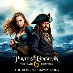 An exciting movie poster for 'Pirates of the Caribbean 6: The Return of Davy Jones,' featuring Margot Robbie as a fierce pirate captain with flowing hair, dressed in intricately detailed pirate attire, holding a sword confidently