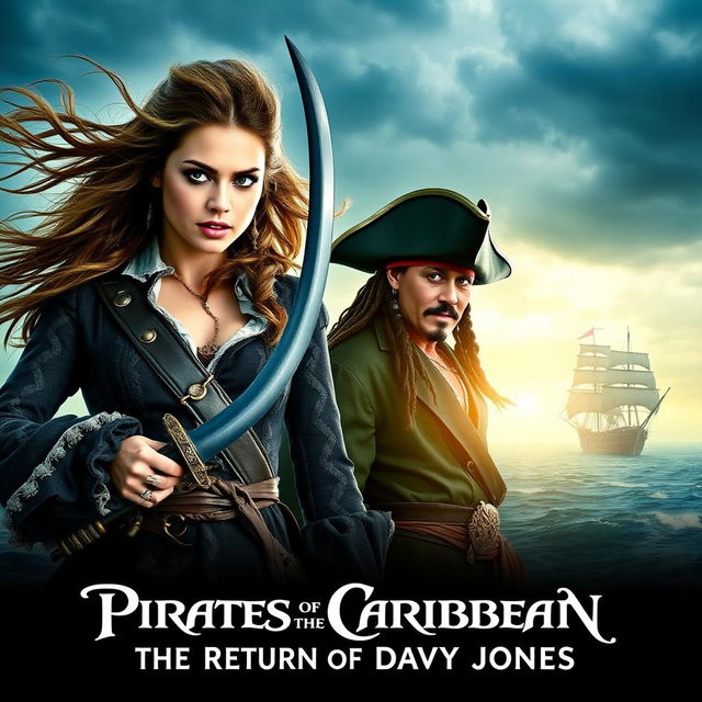 An exciting movie poster for 'Pirates of the Caribbean 6: The Return of Davy Jones,' featuring Margot Robbie as a fierce pirate captain with flowing hair, dressed in intricately detailed pirate attire, holding a sword confidently