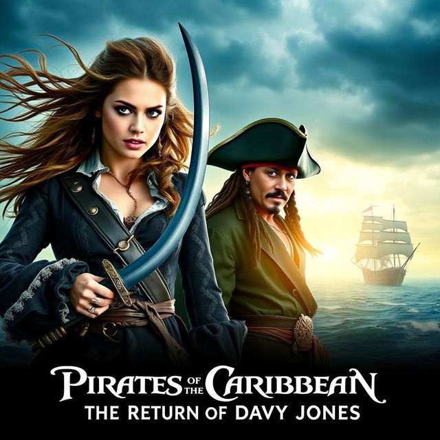 An exciting movie poster for 'Pirates of the Caribbean 6: The Return of Davy Jones,' featuring Margot Robbie as a fierce pirate captain with flowing hair, dressed in intricately detailed pirate attire, holding a sword confidently