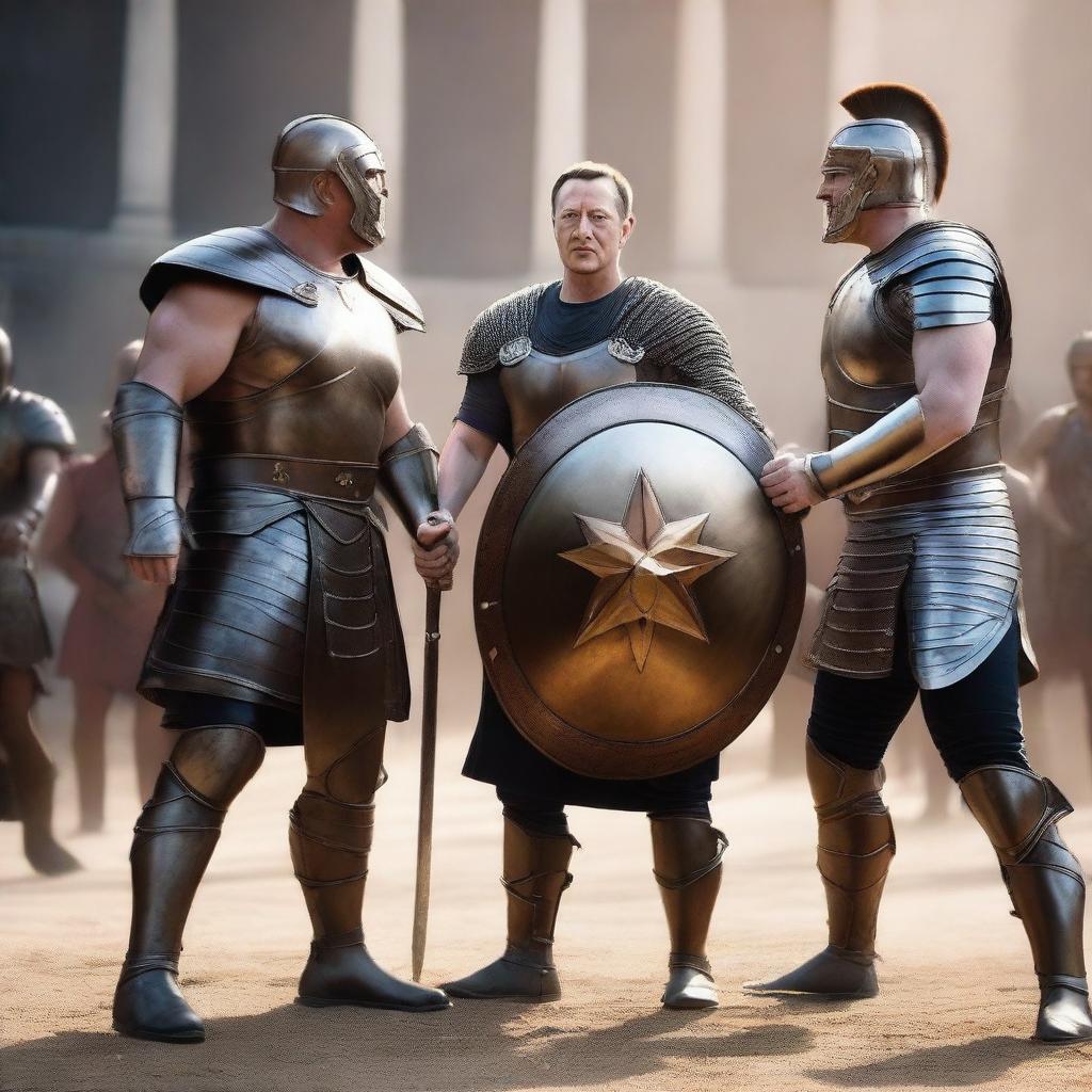 Elon Musk, Jeff Bezos, and Mark Zuckerberg, each dressed as Roman gladiators, powerfully facing each other in the center of a bustling arena, equipped with swords and shields, ready for an epic showdown