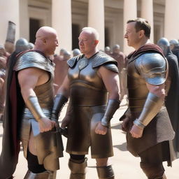 Elon Musk, Jeff Bezos, and Mark Zuckerberg, each dressed as Roman gladiators, powerfully facing each other in the center of a bustling arena, equipped with swords and shields, ready for an epic showdown