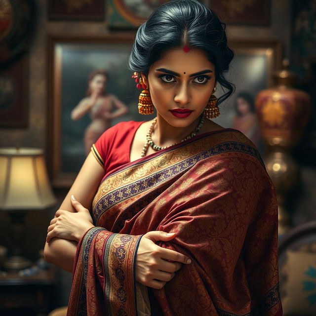 An artistic representation of an Indian woman dressed in a beautiful, intricately patterned saree, gracefully draped around her