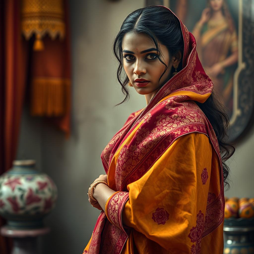 An artistic representation of an Indian woman dressed in a beautiful, intricately patterned saree, gracefully draped around her