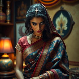An artistic representation of an Indian woman dressed in a beautiful, intricately patterned saree, gracefully draped around her