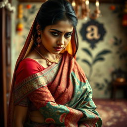 An artistic representation of an Indian woman dressed in a beautiful, intricately patterned saree, gracefully draped around her