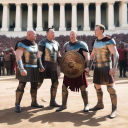 Elon Musk, Jeff Bezos, and Mark Zuckerberg, each dressed as Roman gladiators, powerfully facing each other in the center of a bustling arena, equipped with swords and shields, ready for an epic showdown