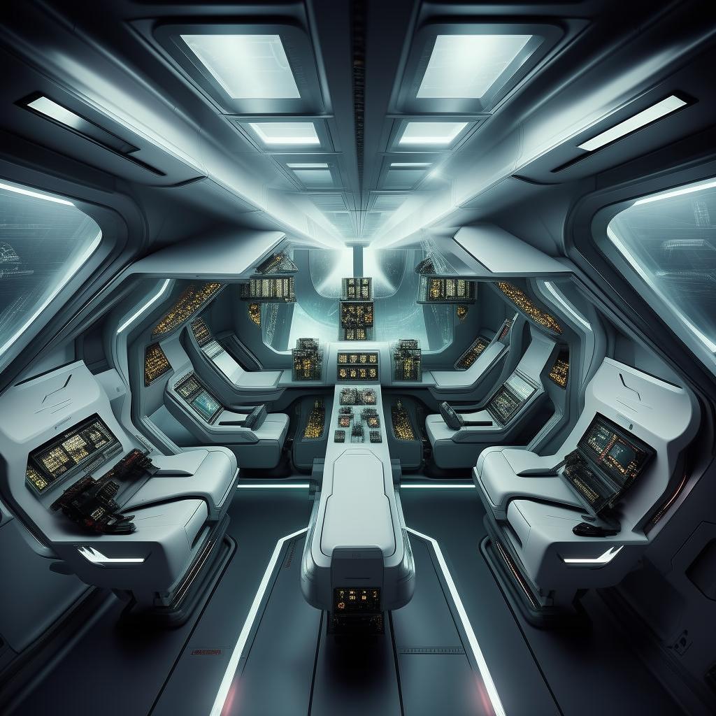 aerial view into interior of transparent double-cabin futuristic jet fighter with interceptor devices, having two seats in each cabin