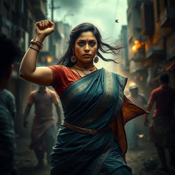A powerful and evocative scene featuring a strong Indian woman, showcasing her resilience and strength