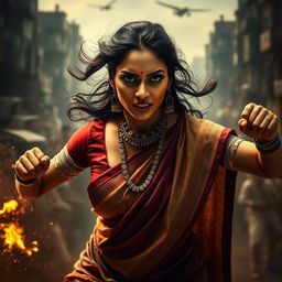 A powerful and evocative scene featuring a strong Indian woman, showcasing her resilience and strength