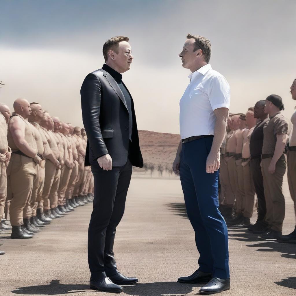 The vast armies of Elon Musk and Mark Zuckerberg in Middle Age attire, facing each other on an open battlefield, with a sense of tension and anticipation in the air