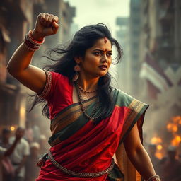 A powerful and evocative scene featuring a strong Indian woman, showcasing her resilience and strength