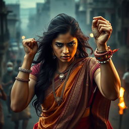 A powerful and evocative scene featuring a strong Indian woman, showcasing her resilience and strength