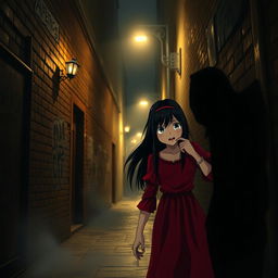 A dramatic and intense scene set at night in a dark alley