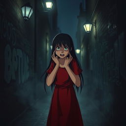 A dramatic and intense scene set at night in a dark alley