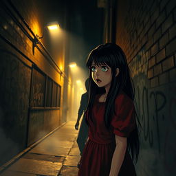 A dramatic and intense scene set at night in a dark alley