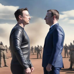 The vast armies of Elon Musk and Mark Zuckerberg in Middle Age attire, facing each other on an open battlefield, with a sense of tension and anticipation in the air