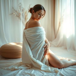 A serene and gracefully posed nude woman, artfully covered by delicate silk sheets while sitting in a softly lit, ethereal setting