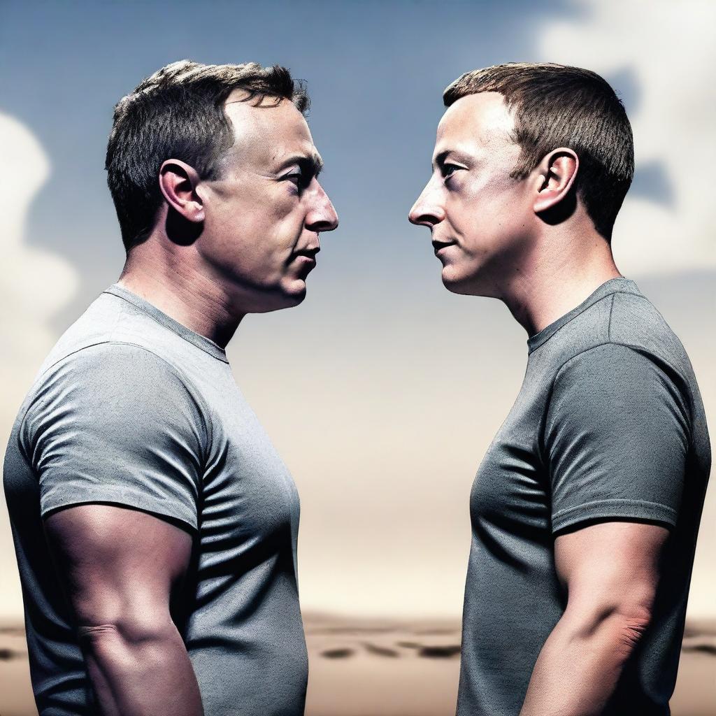 The vast armies of Elon Musk and Mark Zuckerberg in Middle Age attire, facing each other on an open battlefield, with a sense of tension and anticipation in the air