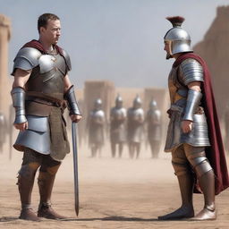 Elon Musk's gladiator army and Mark Zuckerberg's gladiator army, all dressed in Middle Ages inspired gladiator attire, staunched on an epic battlefield, each side ready and poised for an intense confrontation