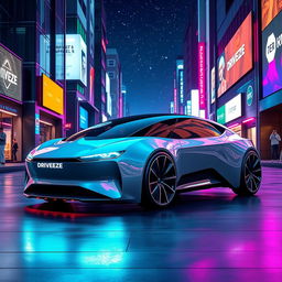 A sleek, futuristic electric car design labeled 'DRIVEEZE', showcasing smooth lines and a glossy futuristic finish