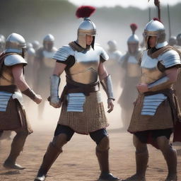 Elon Musk's gladiator army and Mark Zuckerberg's gladiator army, all dressed in Middle Ages inspired gladiator attire, staunched on an epic battlefield, each side ready and poised for an intense confrontation