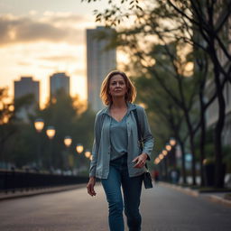 A 46-year-old woman walking home alone in a serene urban environment during the evening