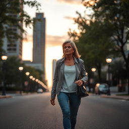 A 46-year-old woman walking home alone in a serene urban environment during the evening