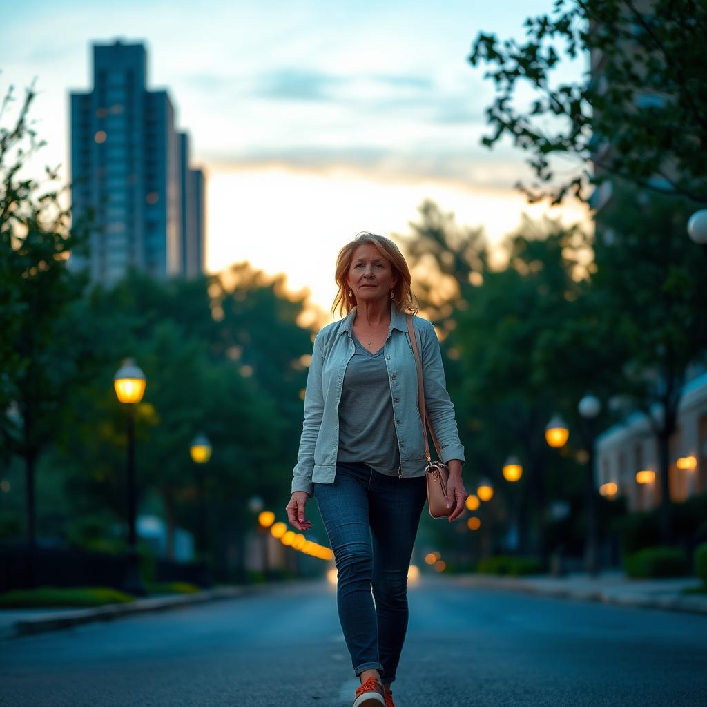 A 46-year-old woman walking home alone in a serene urban environment during the evening