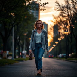 A 46-year-old woman walking home alone in a serene urban environment during the evening