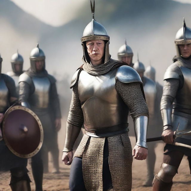 Elon Musk's gladiator army and Mark Zuckerberg's gladiator army, all dressed in Middle Ages inspired gladiator attire, staunched on an epic battlefield, each side ready and poised for an intense confrontation