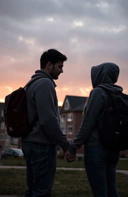 A sunset atmosphere in front of buildings where a couple is holding hands, looking sorrowful as they prepare to part