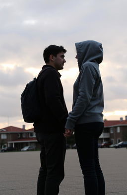 A sunset atmosphere in front of buildings where a couple is holding hands, looking sorrowful as they prepare to part