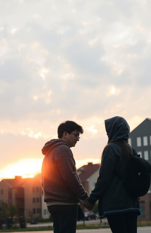 A sunset atmosphere in front of buildings where a couple is holding hands, looking sorrowful as they prepare to part