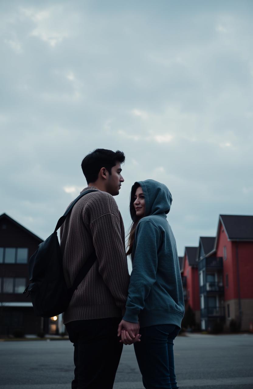 A sunset atmosphere in front of buildings where a couple is holding hands, looking sorrowful as they prepare to part