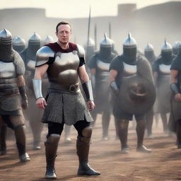 Elon Musk's gladiator army and Mark Zuckerberg's gladiator army, all dressed in Middle Ages inspired gladiator attire, staunched on an epic battlefield, each side ready and poised for an intense confrontation